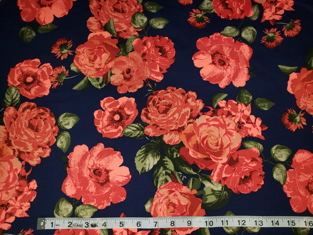 FLORAL F-36-C Jacquard Ribbon Polyester Trim 15/16 wide (24mm) Navy w/Pink  Flowers, Beige Butterflies, Blue, Green & Red Accents, Per Yard