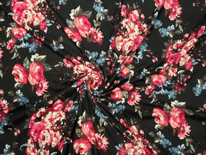 Pink/Blue Floral on Black Double Brushed Poly